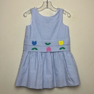 Florence Eiseman Blue White seersucker Dress Tulips Embroidered Sz 2T NWT